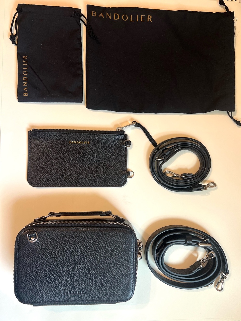 Bandolier Black Pebbled Leather Crossbody Set with Straps and Dust Bag